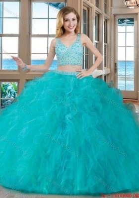 Puffy Ball Gown V Neck Tulle Two Piece Quinceanera Dresses with Beading and Ruffles