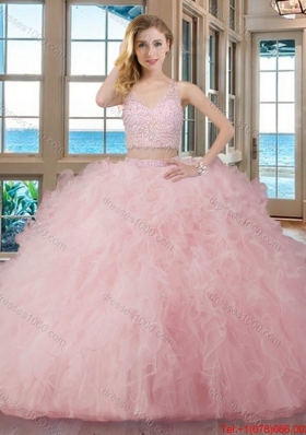 Puffy Ball Gown V Neck Tulle Two Piece Quinceanera Dresses with Beading and Ruffles