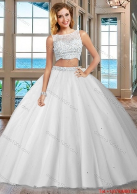 Puffy Brush Train Beaded Bodice Side Zipper Blue Quinceanera Dresses with Bateau