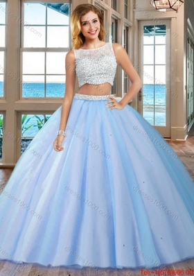 Puffy Brush Train Beaded Bodice Side Zipper Blue Quinceanera Dresses with Bateau