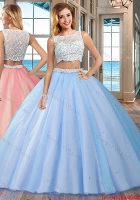 Puffy Brush Train Beaded Bodice Side Zipper Blue Quinceanera Dresses with Bateau