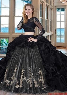 Puffy Scoop Brush Train Long Sleeves Two Piece Black Quinceanera Dresses with Embroidery and Bubbles