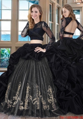 Puffy Scoop Brush Train Long Sleeves Two Piece Black Quinceanera Dresses with Embroidery and Bubbles
