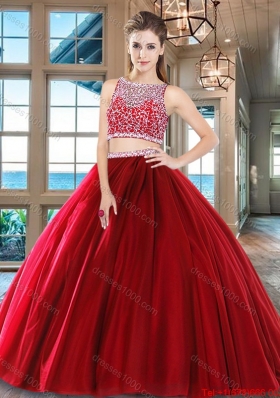 Romantic Two Piece Beaded Bodice Tulle Quinceanera Dress in Wine Red