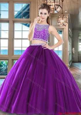 Romantic Two Piece Beaded Bodice Tulle Quinceanera Dress in Wine Red