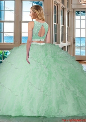 See Through Puffy Bateau Brush Train Open Back Pink Quinceanera Dresses with Sequins and Ruffles