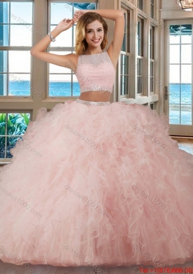 See Through Puffy Bateau Brush Train Open Back Pink Quinceanera Dresses with Sequins and Ruffles