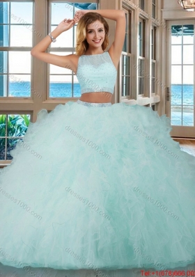 See Through Puffy Bateau Brush Train Open Back Pink Quinceanera Dresses with Sequins and Ruffles