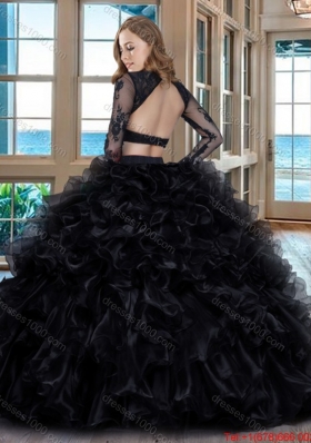 Sexy Two Piece Ball Gown Scoop Ruffled Backless Long Sleeves Quinceanera Dresses in Black