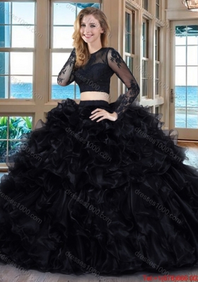 Sexy Two Piece Ball Gown Scoop Ruffled Backless Long Sleeves Quinceanera Dresses in Black