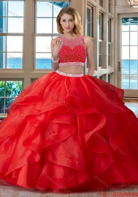 Simple Ball Gown Scoop Open Back Organza Red Quinceanera Dresses with Beading