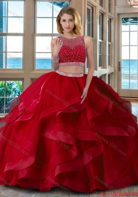 Simple Ball Gown Scoop Open Back Organza Red Quinceanera Dresses with Beading