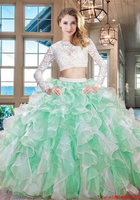 Top Seller Two Piece Laced and Ruffled Quinceanera Dress in Apple Green