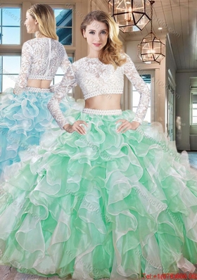 Top Seller Two Piece Laced and Ruffled Quinceanera Dress in Apple Green