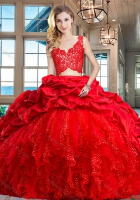 Top Seller Two Piece Ruffled Bubble Brush Train Quinceanera Dress in Red