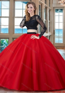 Two Piece Ball Gown Scoop Tulle Appliques Backless Long Sleeves Quinceanera Dresses in Red