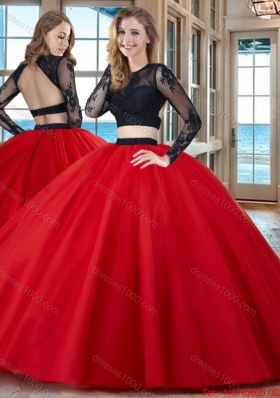 Two Piece Ball Gown Scoop Tulle Appliques Backless Long Sleeves Quinceanera Dresses in Red