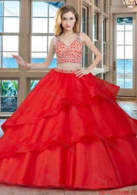 Two Piece Ball Gown V Neck Brush Train Zipper Up Red Quinceanera Dresses with Beading