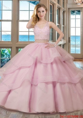 Two Piece Ball Gown V Neck Brush Train Zipper Up Red Quinceanera Dresses with Beading