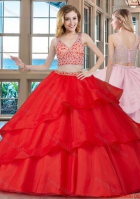 Two Piece Ball Gown V Neck Brush Train Zipper Up Red Quinceanera Dresses with Beading