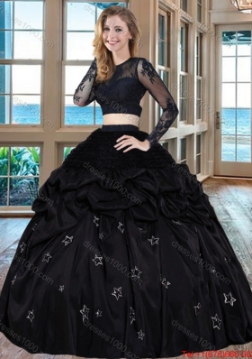 Two Piece Black Puffy Scoop Taffeta Long Sleeves Backless Quinceanera Dresses with Embroidery and Bubbles