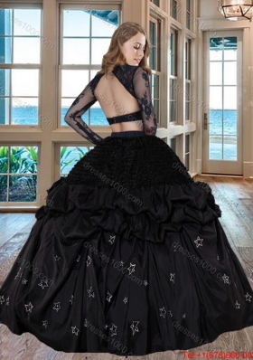 Two Piece Black Puffy Scoop Taffeta Long Sleeves Backless Quinceanera Dresses with Embroidery and Bubbles