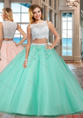 Two Piece Puffy Bateau Brush Train Side Zipper Apple Green Quinceanera Dresses with Beading and Appliques