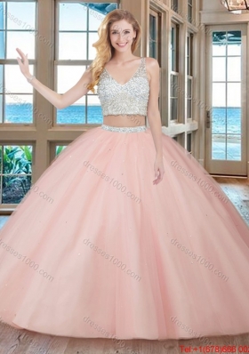 Two Piece Puffy V Neck Tulle Beaded Teal Quinceanera Dresses with Zippper Up