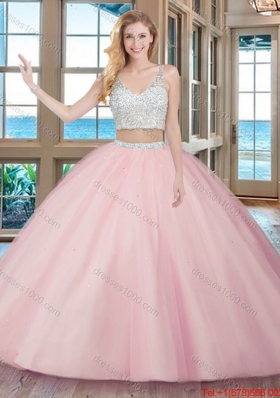 Two Piece Puffy V Neck Tulle Beaded Teal Quinceanera Dresses with Zippper Up