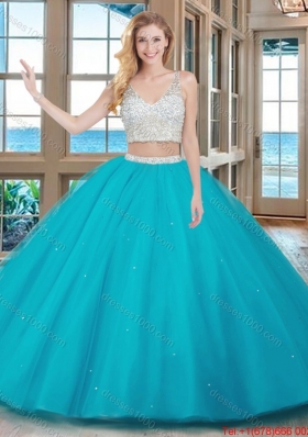 Two Piece Puffy V Neck Tulle Beaded Teal Quinceanera Dresses with Zippper Up