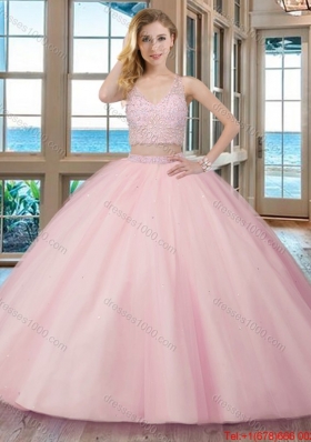 Two Piece Puffy V Neck Tulle Beaded Teal Quinceanera Dresses with Zippper Up