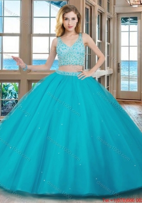 Two Piece Puffy V Neck Tulle Beaded Teal Quinceanera Dresses with Zippper Up