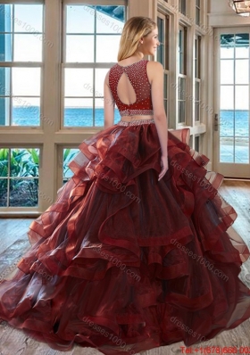 Two Piece Scoop Beaded Bodice Open Back Detachable Quinceanera Dresses in Burgundy