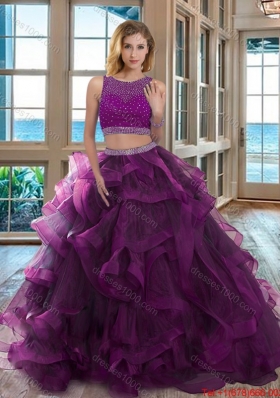 Two Piece Scoop Beaded Bodice Open Back Detachable Quinceanera Dresses in Burgundy