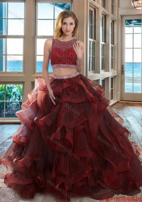 Two Piece Scoop Beaded Bodice Open Back Detachable Quinceanera Dresses in Burgundy