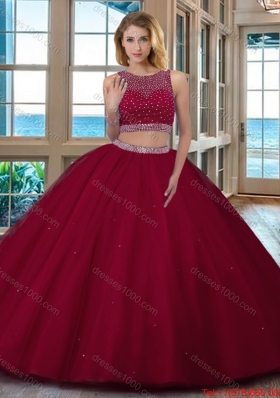 Wine Red Puffy Scoop Beaded Bodice Open Back Tulle Two Piece Quinceanera Dresses