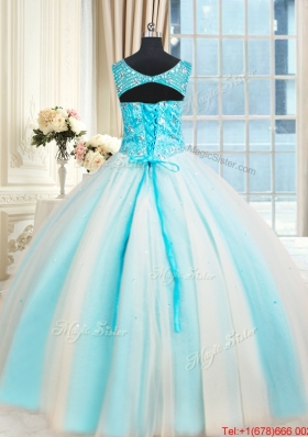 Best Selling V Neck Beaded White and Blue Quinceanera Dress in Tulle