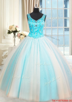 Best Selling V Neck Beaded White and Blue Quinceanera Dress in Tulle