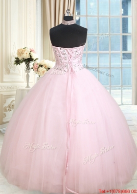 Best Selling Visible Boning See Through Beaded Decorated Halter Top Quinceanera Dress