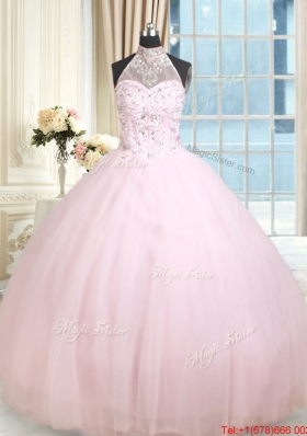 Best Selling Visible Boning See Through Beaded Decorated Halter Top Quinceanera Dress