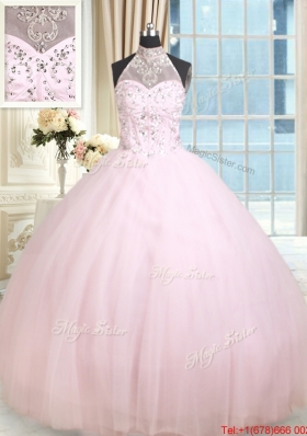 Best Selling Visible Boning See Through Beaded Decorated Halter Top Quinceanera Dress