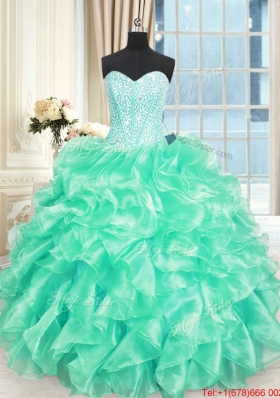 Cheap Visible Boning Beaded Bodice and Ruffled Quinceanera Dress in Turquoise