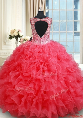 Classical V Neck Ruffled and Beaded Coral Red Quinceanera Dress with Open Back