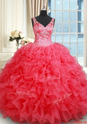 Classical V Neck Ruffled and Beaded Coral Red Quinceanera Dress with Open Back