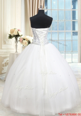 Fashionable Visible Boning Puffy Skirt Beaded Bodice Quinceanera Dress in White