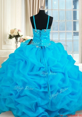 Modern Bubble and Beaded Straps Organza Quinceanera Dress in Baby Blue