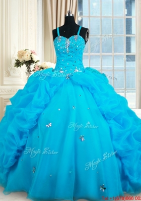 Modern Bubble and Beaded Straps Organza Quinceanera Dress in Baby Blue