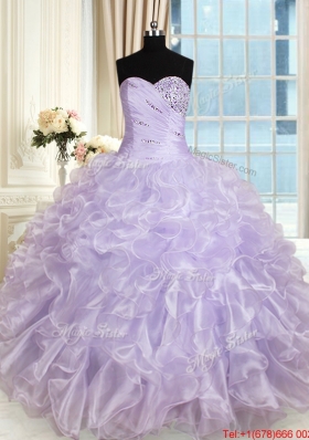 Modest Beaded and Ruffled Sweetheart Lavender Quinceanera Dress in Organza