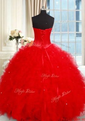 Modest Sweetheart Tulle Red Quinceanera Dress with Ruffles and Beading