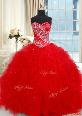 Modest Sweetheart Tulle Red Quinceanera Dress with Ruffles and Beading